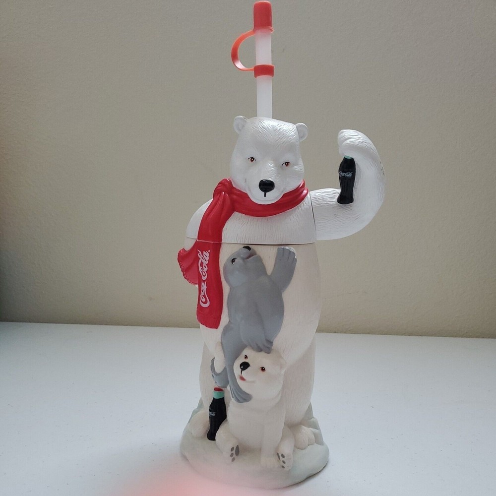 Vtg Coca-Cola Collectible Insulated Cup Polar Bear Seal & Baby Cub with Straw